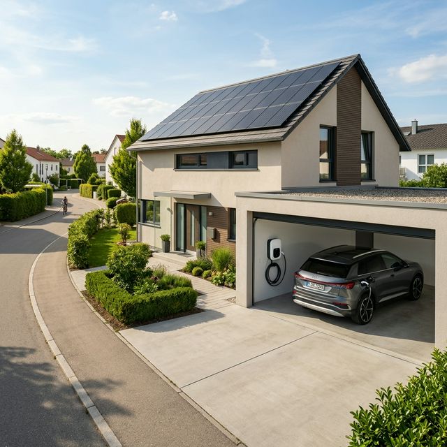 Modernes deutsches Einfamilienhaus mit Solaranlage auf dem Dach und Wallbox-Installation in der Garage — typisches Förderszenario für KfW-Programme