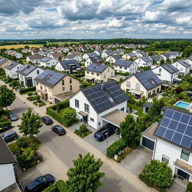 Luftaufnahme einer deutschen Wohnsiedlung mit zahlreichen Solaranlagen auf den Dächern — typisches Neubaugebiet mit E-Auto-Ladeinfrastruktur