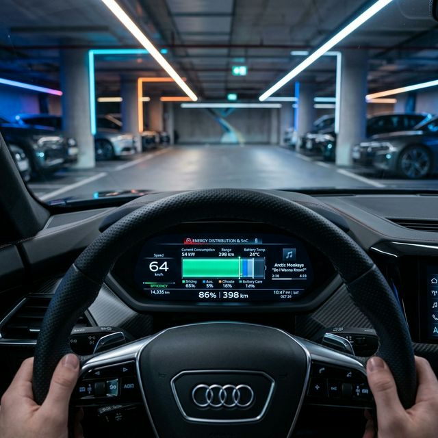Fahrerperspektive in einem Audi E-Tron, das digitale Cockpit zeigt eine detaillierte SoC-Verteilung und den noch verfügbaren Batterieanteil