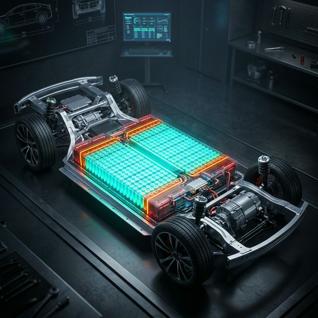 Röntgenansicht eines Elektroauto-Akkus mit leuchtendem blauem nutzbarem Bereich und roten Sicherheitspuffern an den Rändern