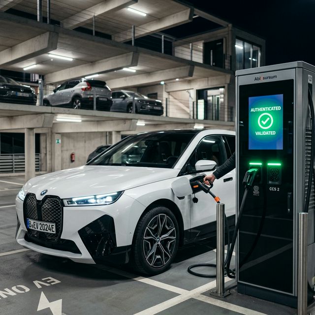 Ein weißer BMW iX wird an einer öffentlichen DC-Schnellladestation per Plug & Charge geladen — das Display zeigt 'Authenticated' an