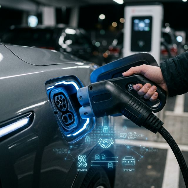 CCS-Ladestecker wird eingesteckt — Visualisierung des verschlüsselten Zertifikatsaustauschs zwischen Fahrzeug und Ladestation