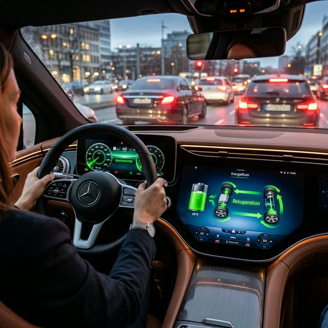 Mercedes-Benz Cockpit zeigt aktive Rekuperation auf dem Display — grüne Energiefluss-Anzeige von den Rädern zur Batterie im Stadtverkehr