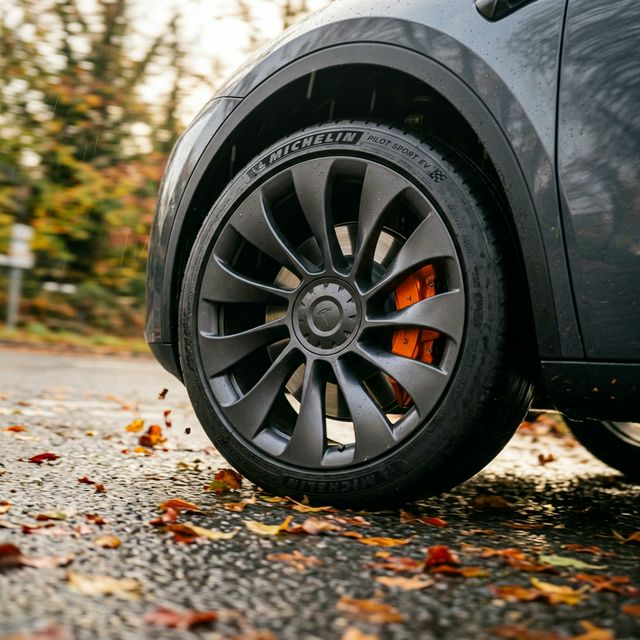 Nahaufnahme des Hinterrades eines Elektroautos auf nasser Herbststraße — die kaum abgenutzte Bremsscheibe zeigt den reduzierten Verschleiß durch Rekuperation