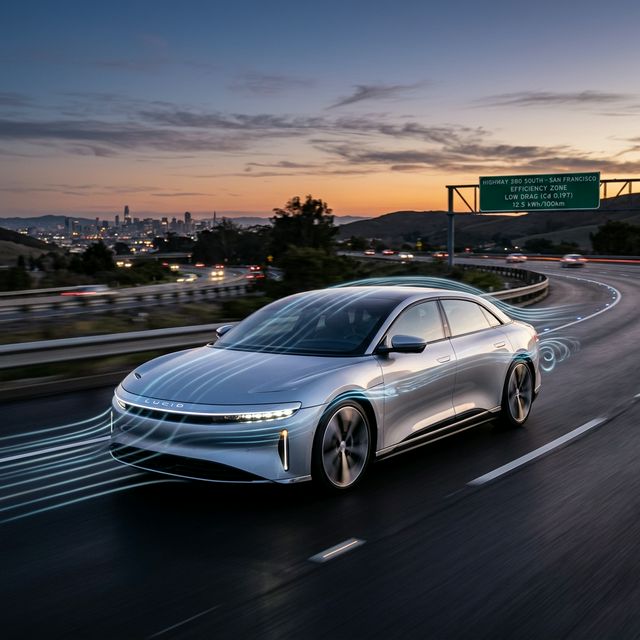 Aerodynamisches Elektroauto auf der Autobahn, das durch extrem niedrigen Windwiderstand auf geringsten Verbrauch optimiert ist