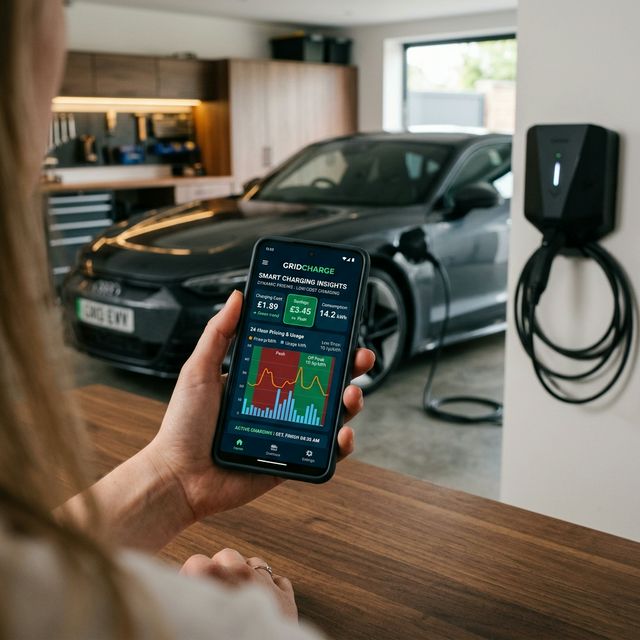 Smart Home App auf einem Smartphone zeigt dynamische Stromtarife und Ladeverbrauchsdiagramme in einer Garage mit Elektroauto