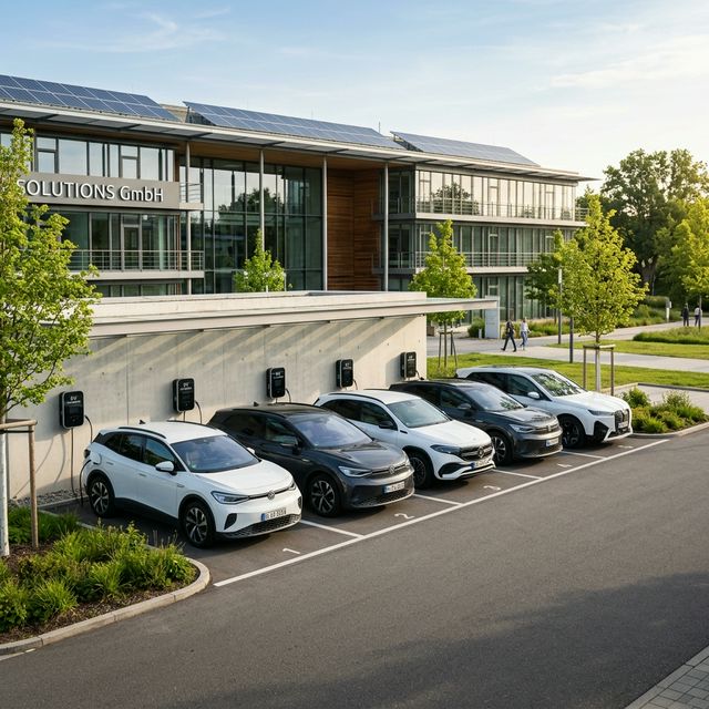 Firmenparkplatz mit fünf Elektro-Dienstwagen an Wallbox-Ladestationen — typisches Flottenelektrifizierungs-Szenario mit Solaranlage auf dem Firmendach